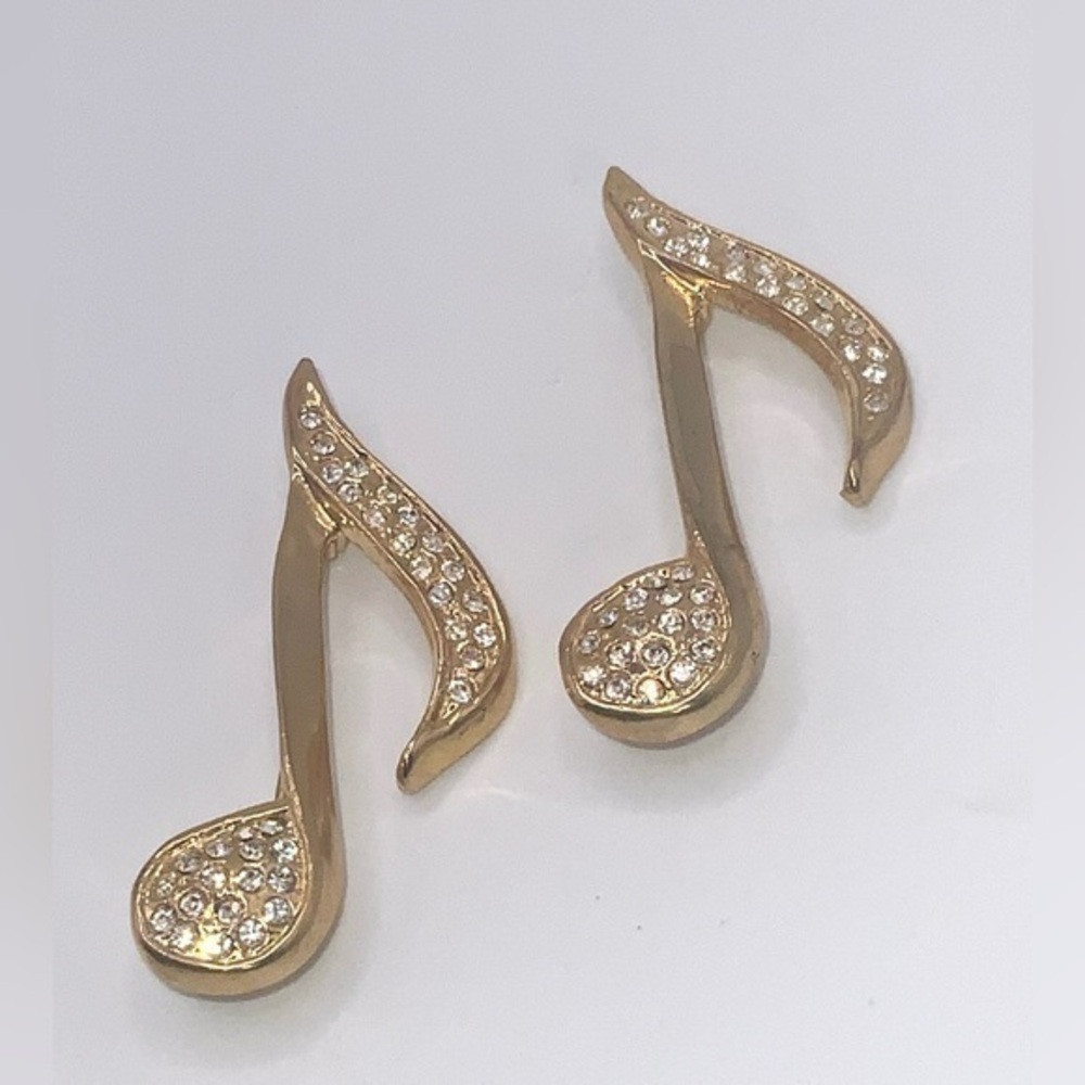2 Gold & Crystal Eighth Music Note Brooch Pins Jewelry Approx 2”